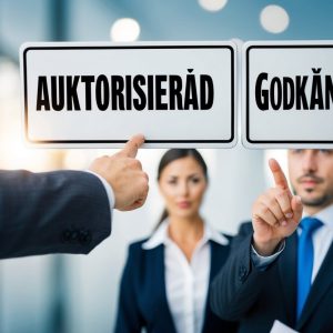 Auktoriserad eller godkänd revisor vad betyder det och vad ska du välja En scen där två personer diskuterar medan de pekar på en skylt med orden Auktoriserad och Godkänd